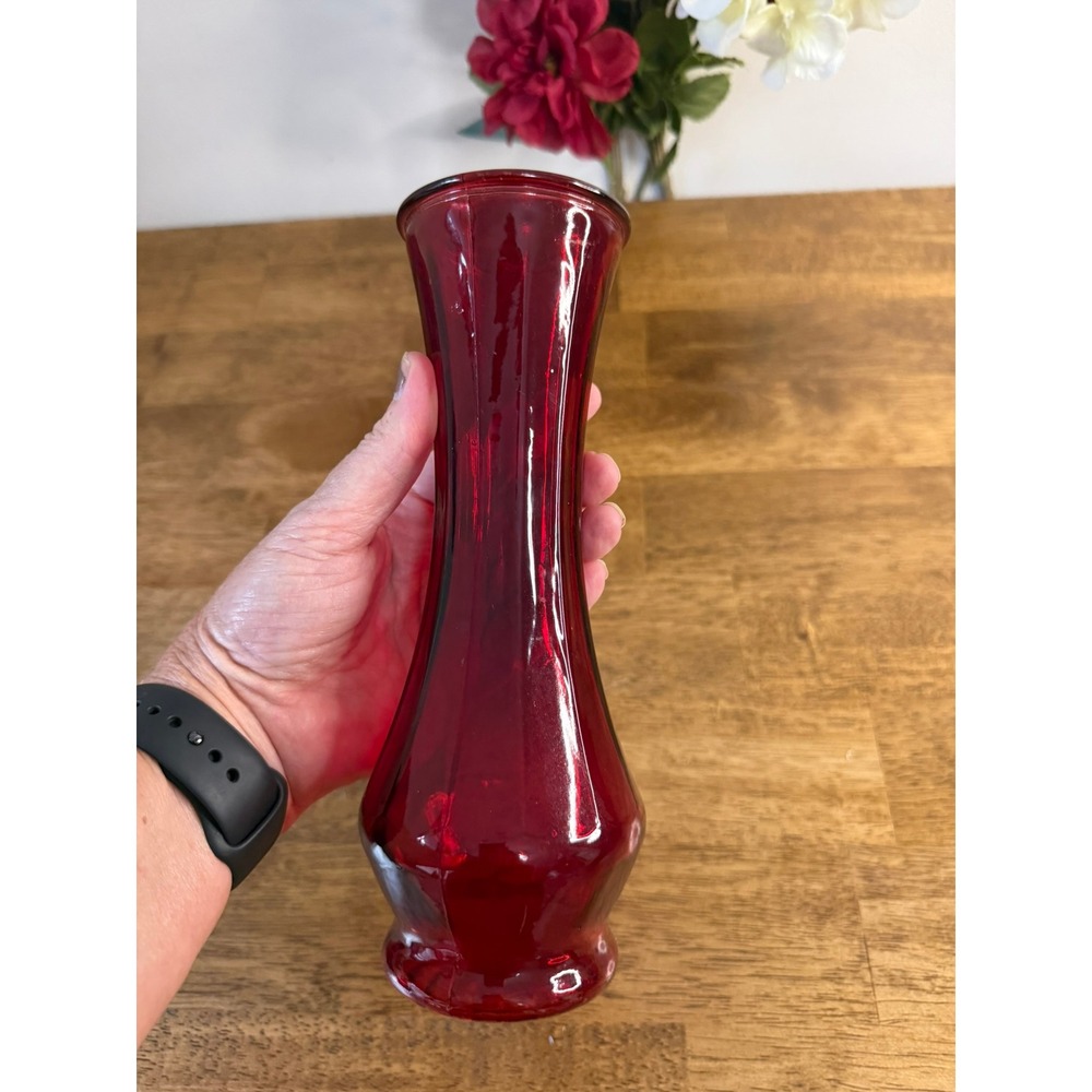 Vintage Ruby Red Glass Vase Tall Flared Trumpet Bud Vase Retro Home Decor